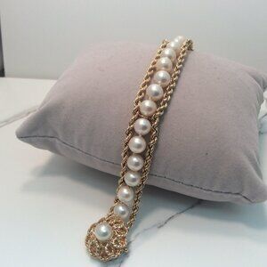 14K YELLOW Real GOLD SOLID ROPE Pearl BRACELET 6 1/2 INCH   26.40gr